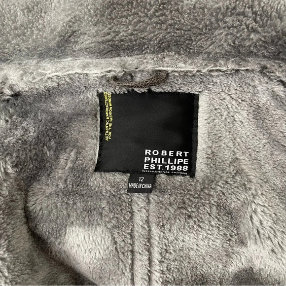 Robert Phillipe Gray Faux Leather Kids Coat Jacket with Fur Hood Size 12 - Picture 2 of 7